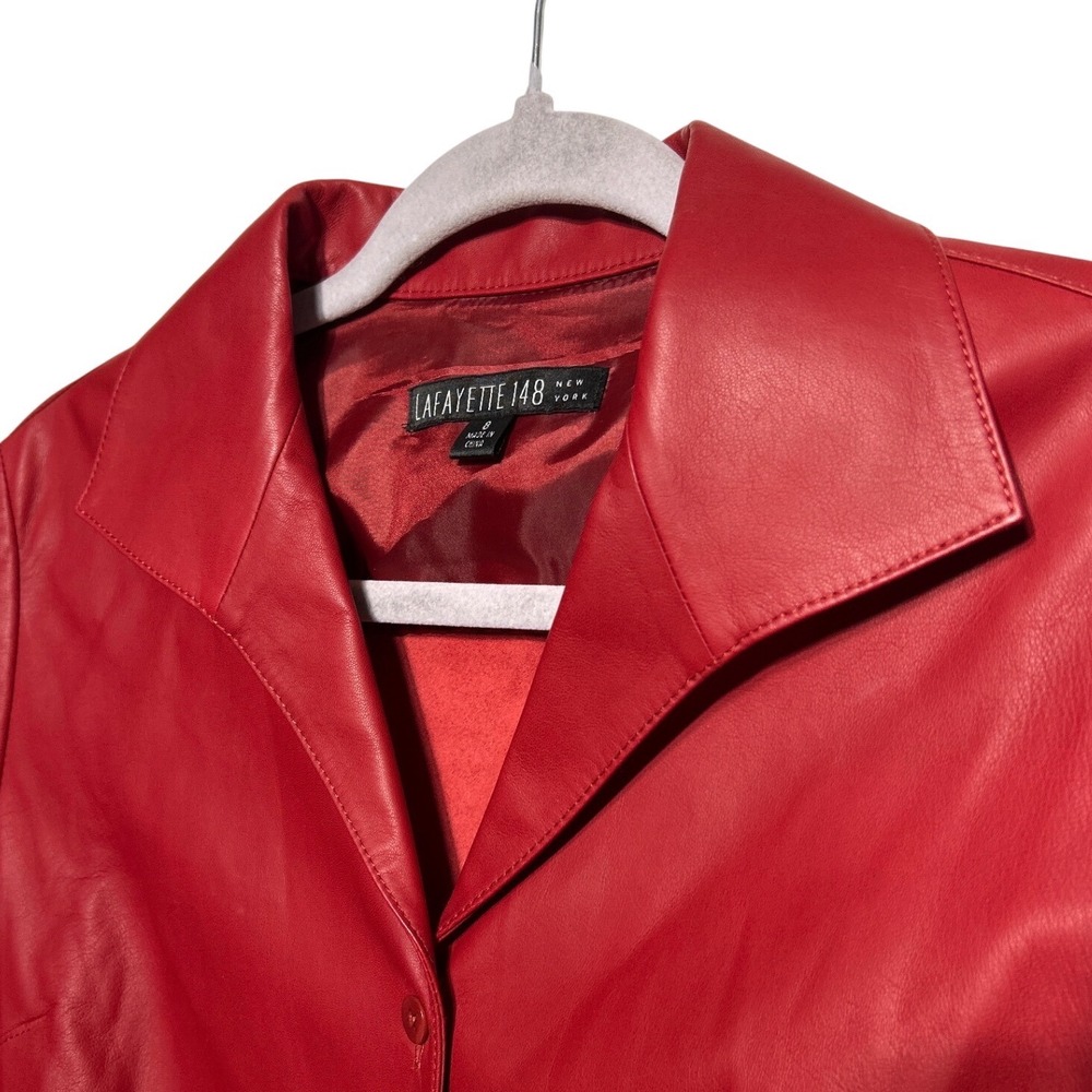 Lafayette 148 New‎ York Lambskin Leather Button Up Shacket Red Women's Size 8 - Picture 2 of 11